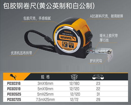 P030316 P030519 P030525 P030725 包膠鋼卷尺（黃公英制和白公制）