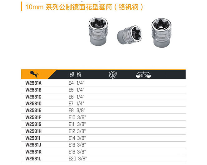 10mm系列公制鏡面花型套筒（鉻釩鋼）